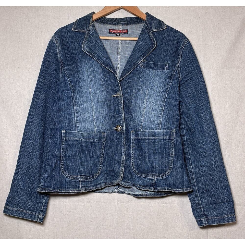 Vintage Malinuo Jeans Women's Denim Blazer Jacket Blue Medium Wash Pockets Sz XL
